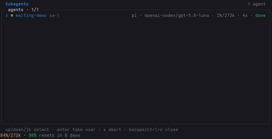 Pi Agent subagent takeover view